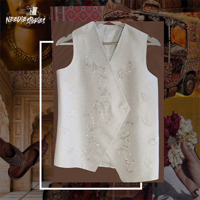 Whispers of Heritage - Off-White on Colour Hand-Embroidered Waistcoat