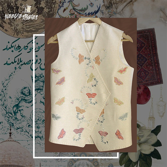 Whispers of Heritage - Off-White on Colour Hand-Embroidered Waistcoat